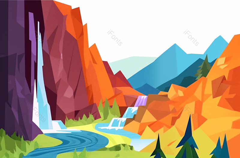 山脉间瀑布卡通扁平风景背景配图插画,插画/手绘图,插画/手绘图库,插画/手绘图下载,插画/手绘
